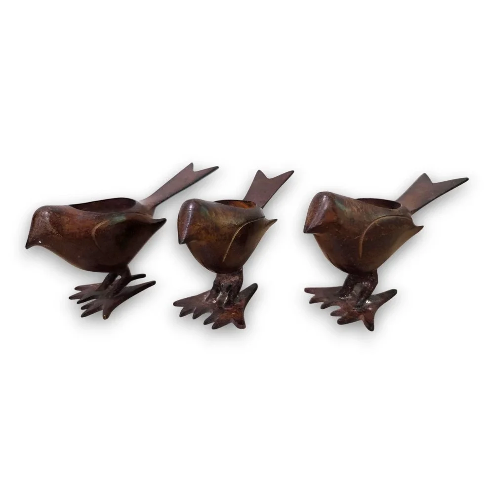 Three Cast Brown Metal Tea Light Bird Figures Votive Candle Holder Made In India